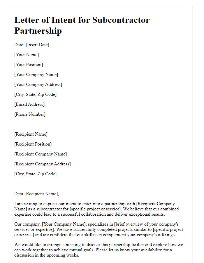 Letter template of subcontractor partnership intent