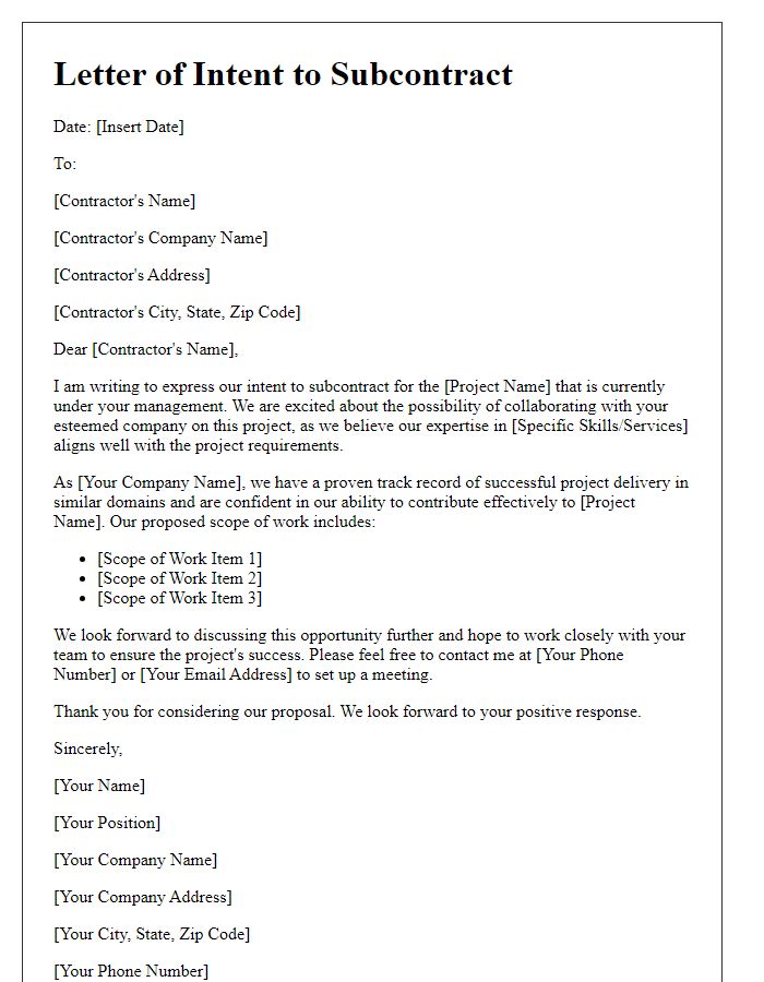 Letter template of subcontractor project proposal intent