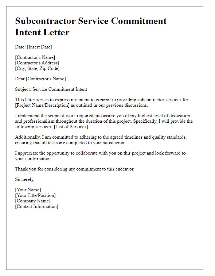 Letter template of subcontractor service commitment intent