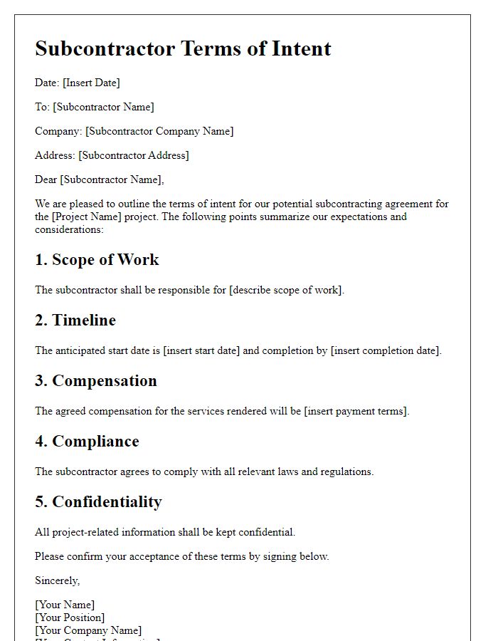 Letter template of subcontractor terms of intent