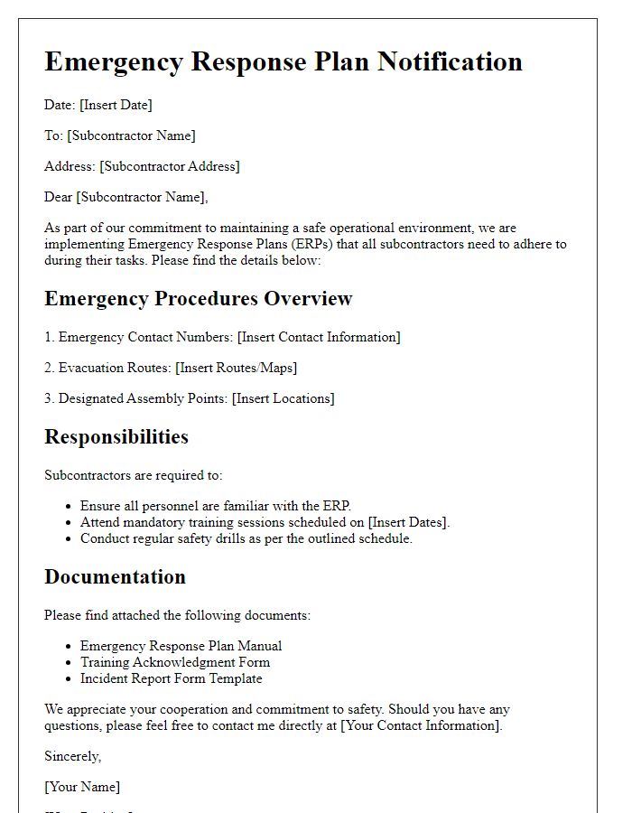 Letter template of emergency response plans for subcontractors involved in operational tasks.