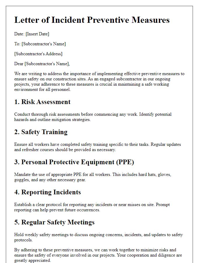 Letter template of incident preventive measures for subcontractors engaged in construction projects.