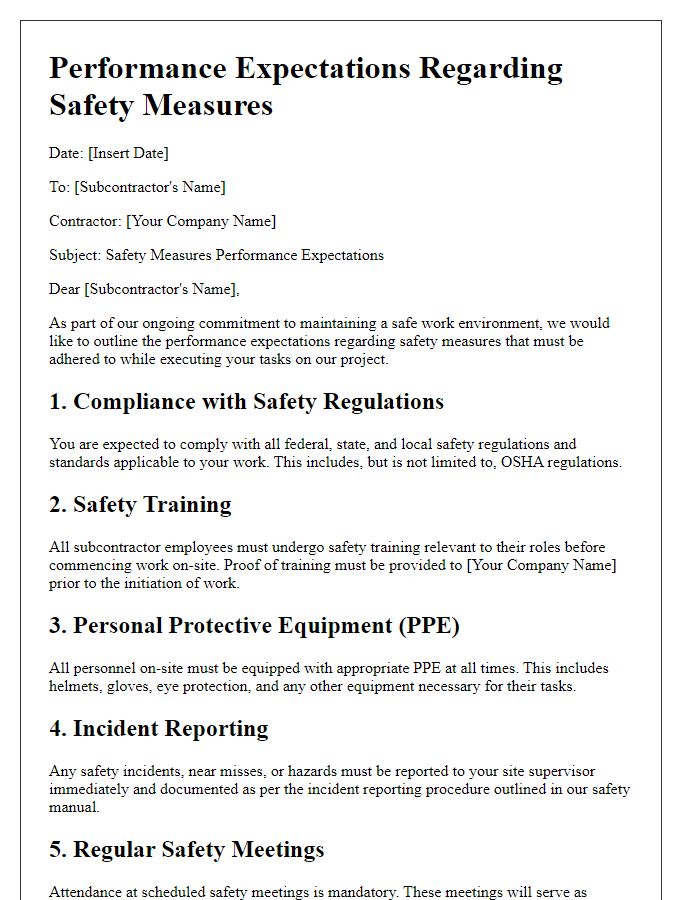 Letter template of performance expectations for subcontractors regarding safety measures.