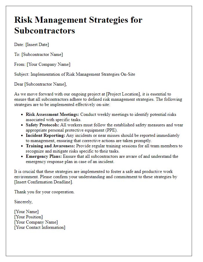 Letter template of risk management strategies for subcontractors on-site.