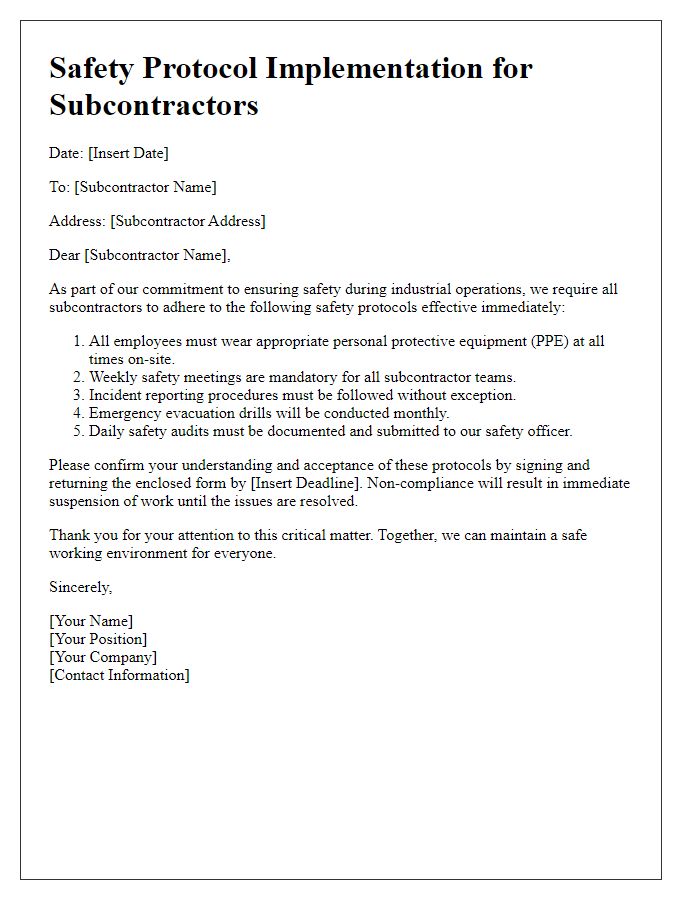 Letter template of safety protocol implementation for subcontractors during industrial operations.