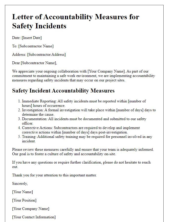 Letter template of subcontractor accountability measures for safety incidents.