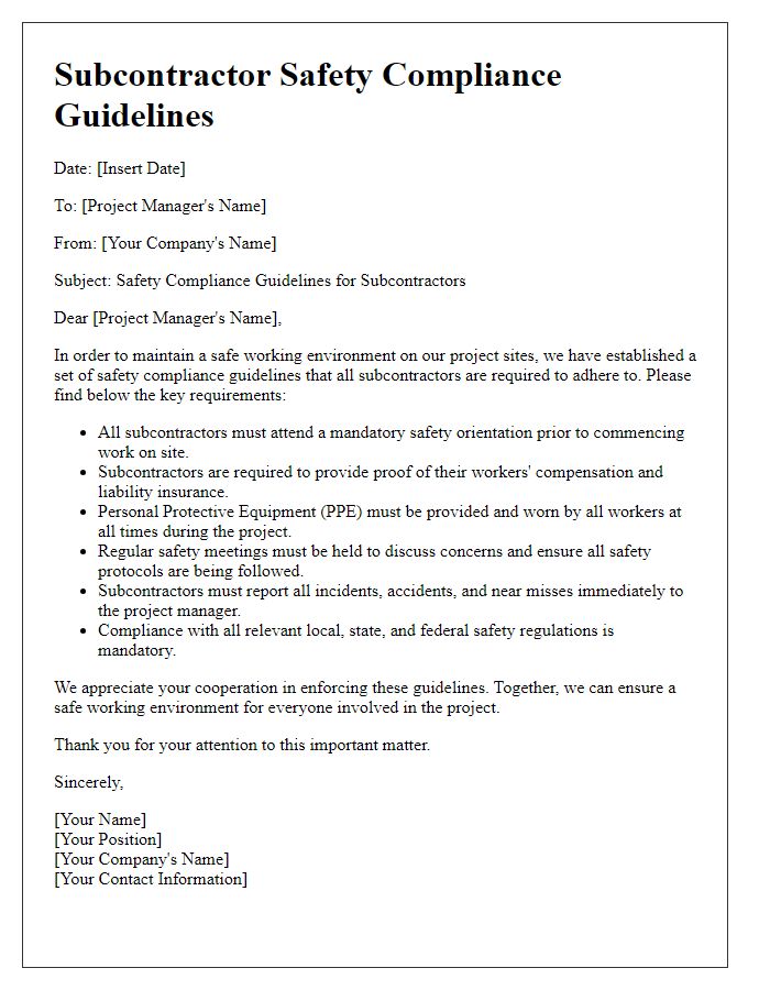 Letter template of subcontractor safety compliance guidelines for project managers.