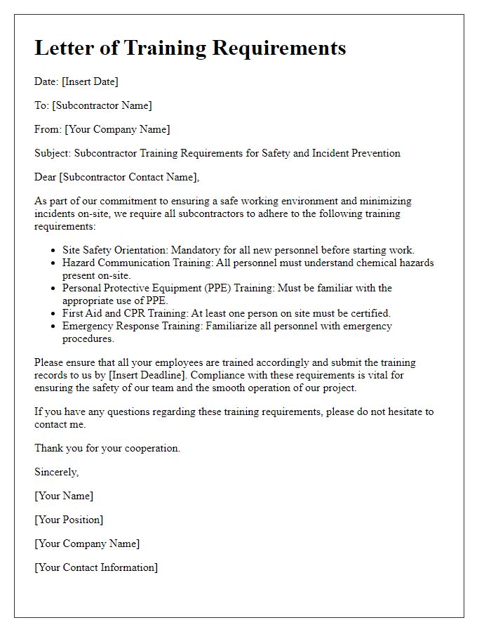 Letter template of subcontractor training requirements for safety and incident prevention.