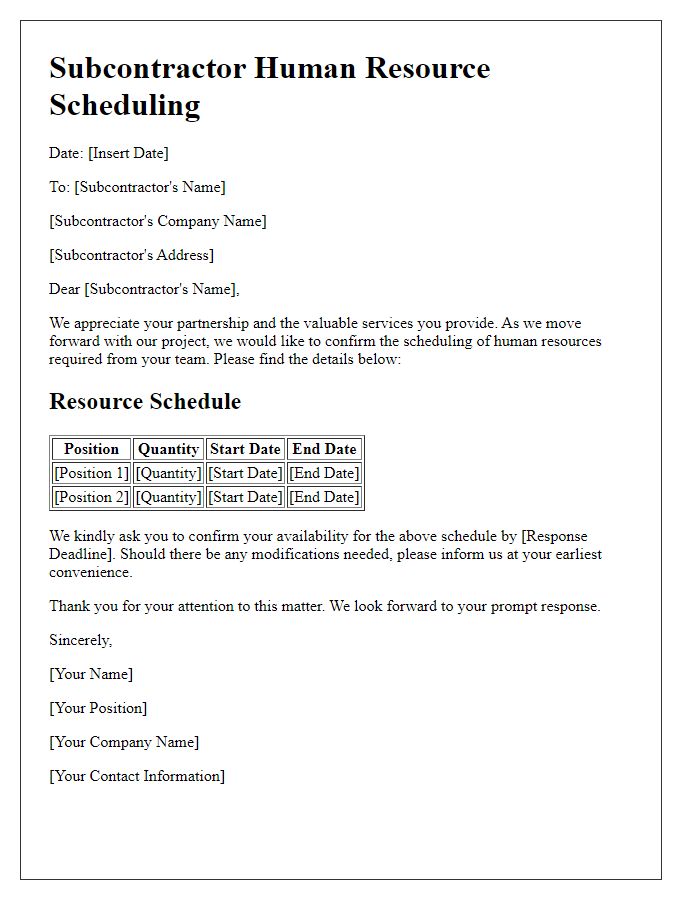 Letter template of subcontractor human resource scheduling