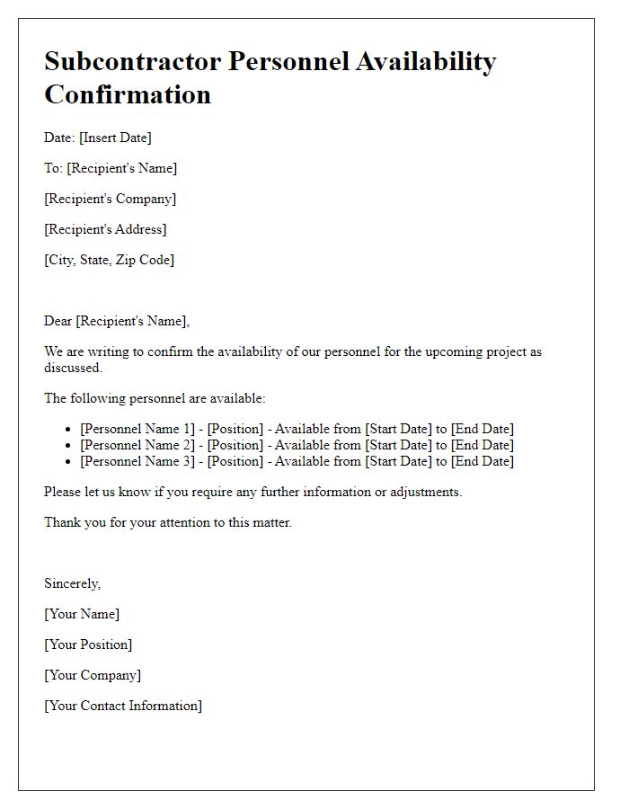 Letter template of subcontractor personnel availability confirmation