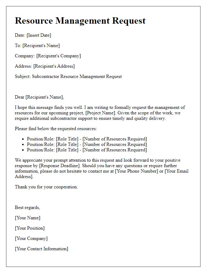 Letter template of subcontractor resource management request