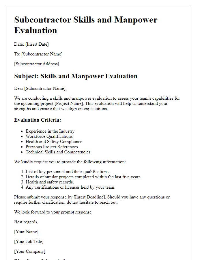 Letter template of subcontractor skills and manpower evaluation