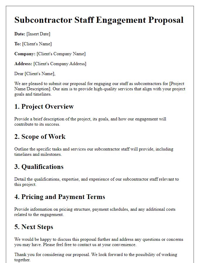 Letter template of subcontractor staff engagement proposal