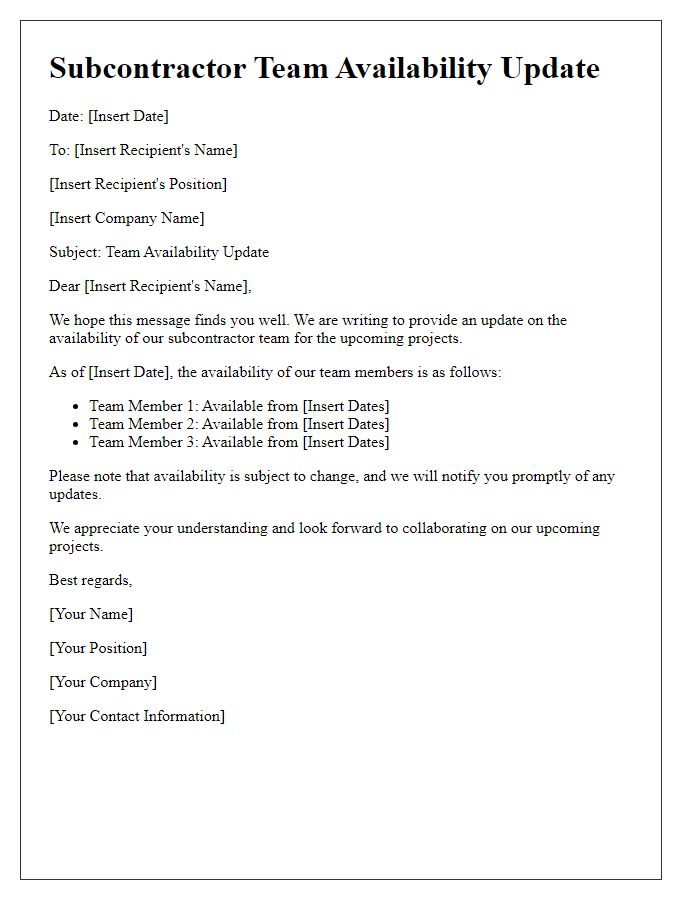 Letter template of subcontractor team availability update