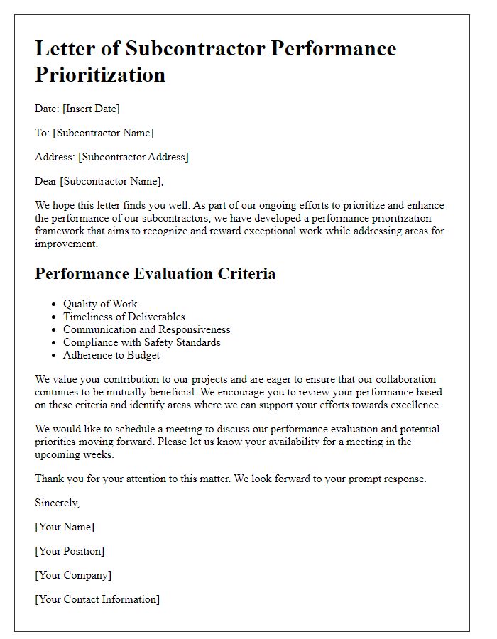 Letter template of subcontractor performance prioritization