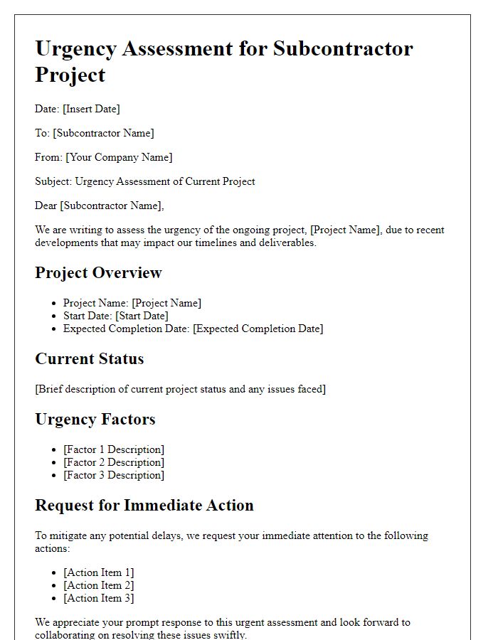 Letter template of subcontractor project urgency assessment