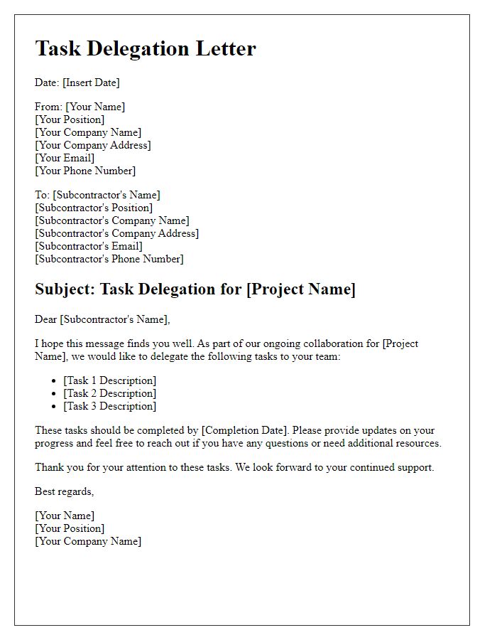 Letter template of subcontractor task delegation