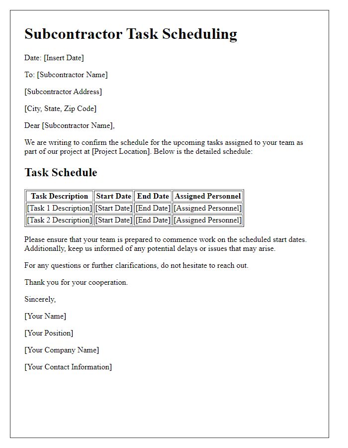 Letter template of subcontractor task scheduling