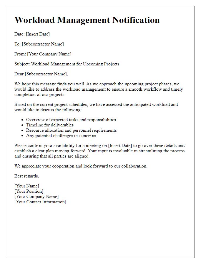 Letter template of subcontractor workload management