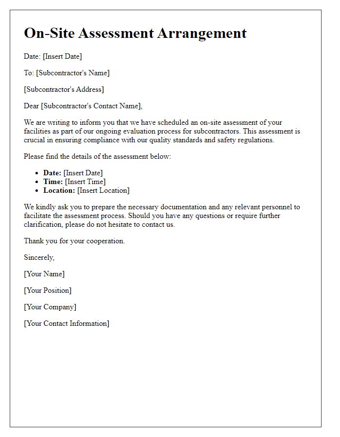 Letter template of Arranging On-Site Assessment for Subcontractors