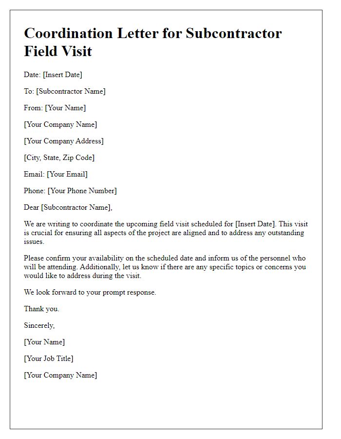 Letter template of Coordination for Subcontractor Field Visit