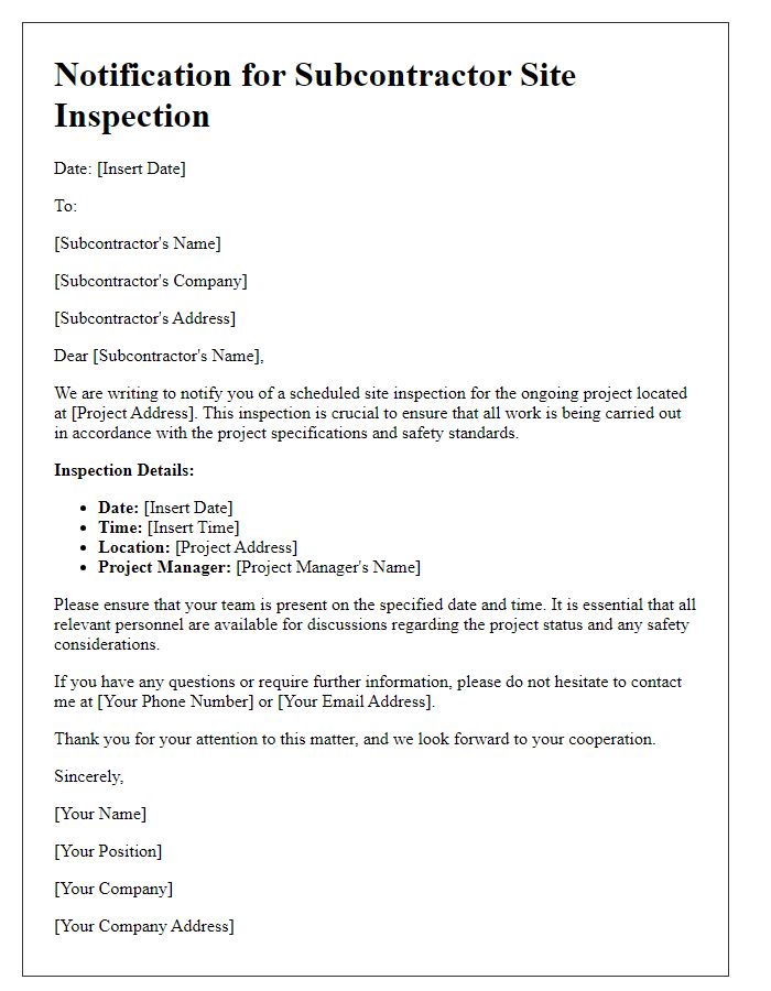 Letter template of Notification for Subcontractor Site Inspection