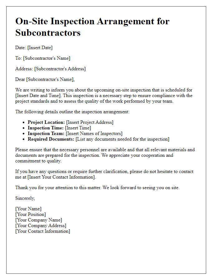 Letter template of On-Site Inspection Arrangement for Subcontractors