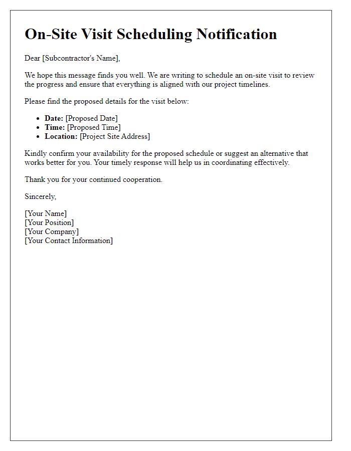 Letter template of Scheduling On-Site Visit for Subcontractors