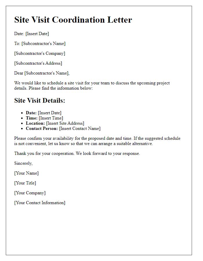 Letter template of Site Visit Coordination for Subcontractors