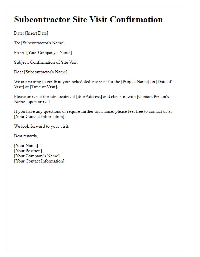Letter template of Subcontractor Site Visit Confirmation