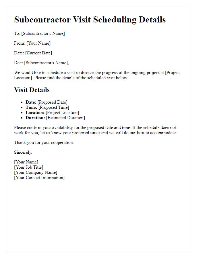 Letter template of Subcontractor Visit Scheduling Details