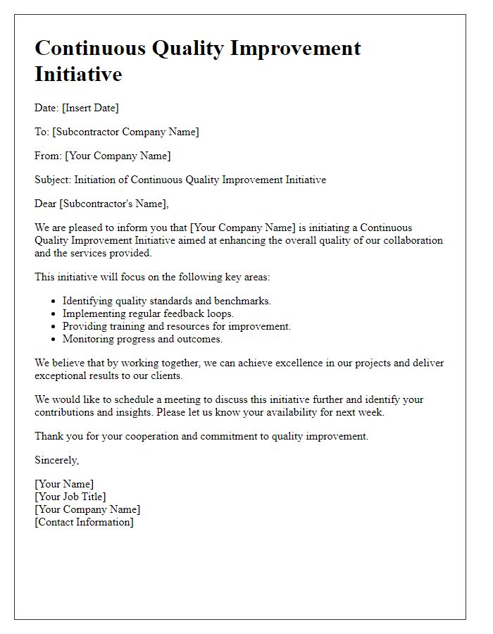 Letter template of subcontractor continuous quality improvement initiative