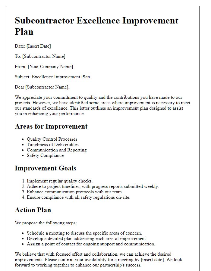 Letter template of subcontractor excellence improvement plan