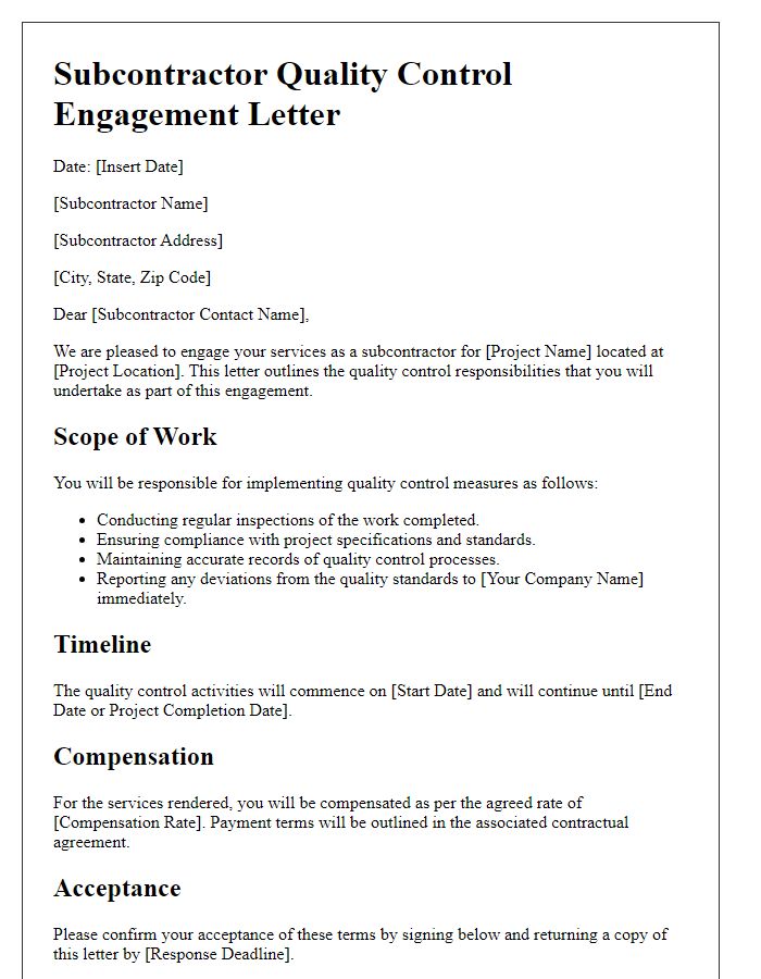 Letter template of subcontractor quality control engagement