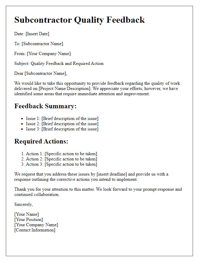 Letter template of subcontractor quality feedback and action