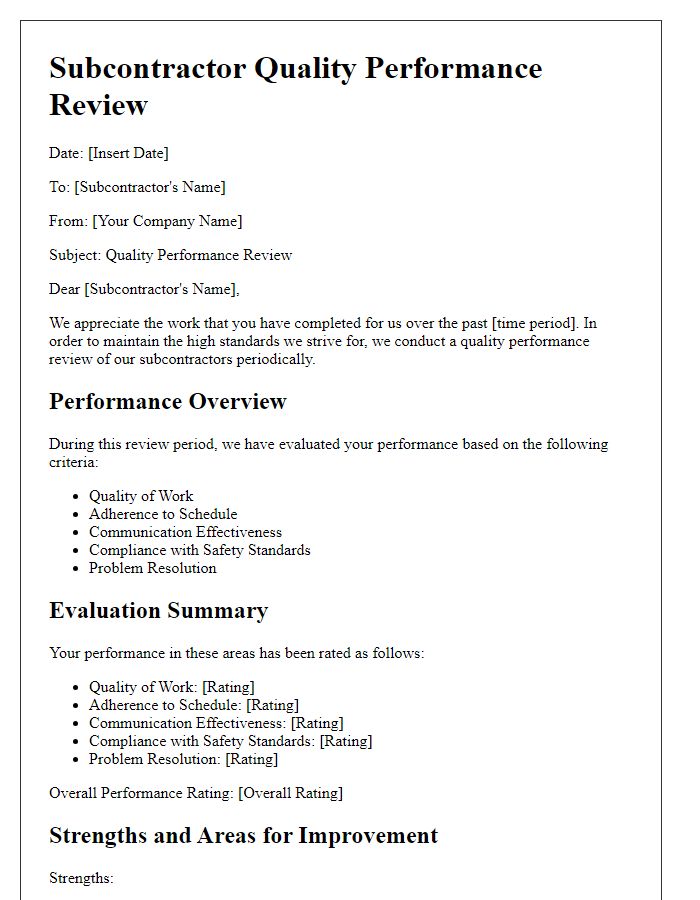 Letter template of subcontractor quality performance review