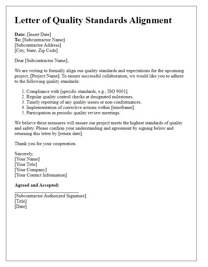 Letter template of subcontractor quality standards alignment