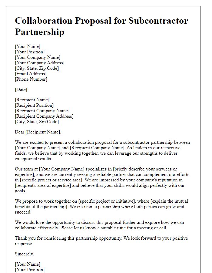 Letter template of collaboration proposal for subcontractor partnership