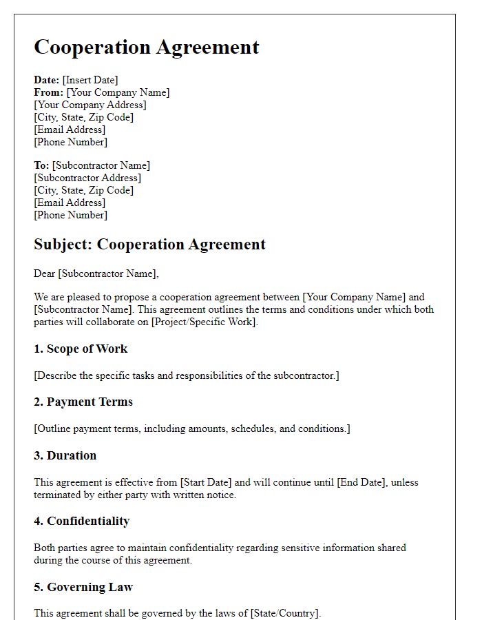 Letter template of cooperation agreement with subcontractor