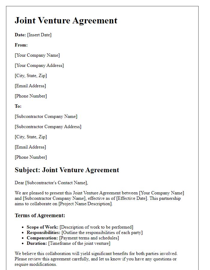 Letter template of joint venture agreement with subcontractor