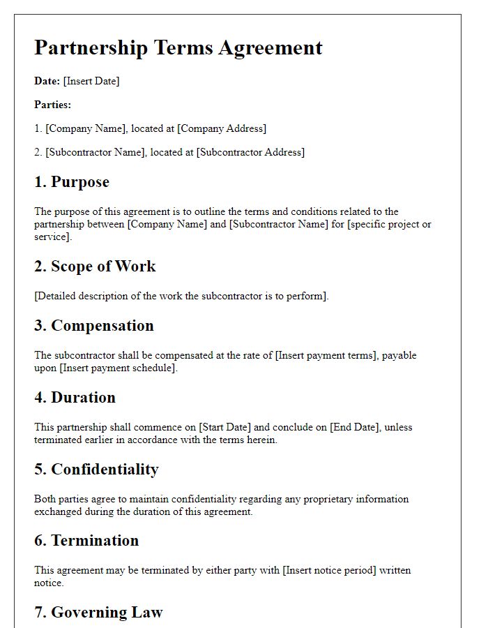 Letter template of partnership terms for subcontractor agreements