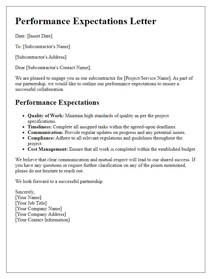 Letter template of performance expectations for subcontractor partnership