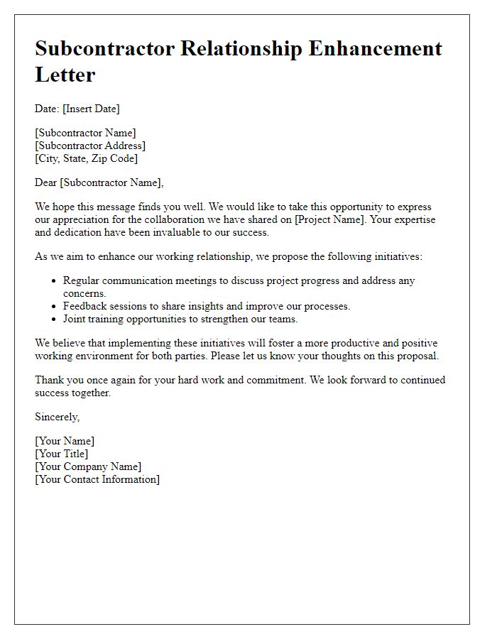 Letter template of subcontractor relationship enhancement