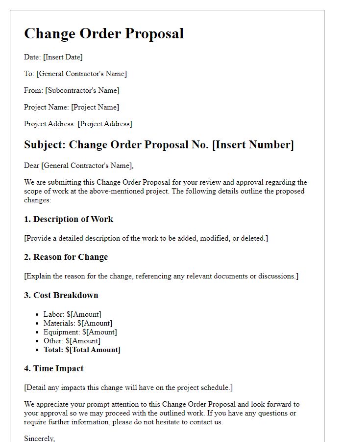 Letter template of subcontractor change order proposal