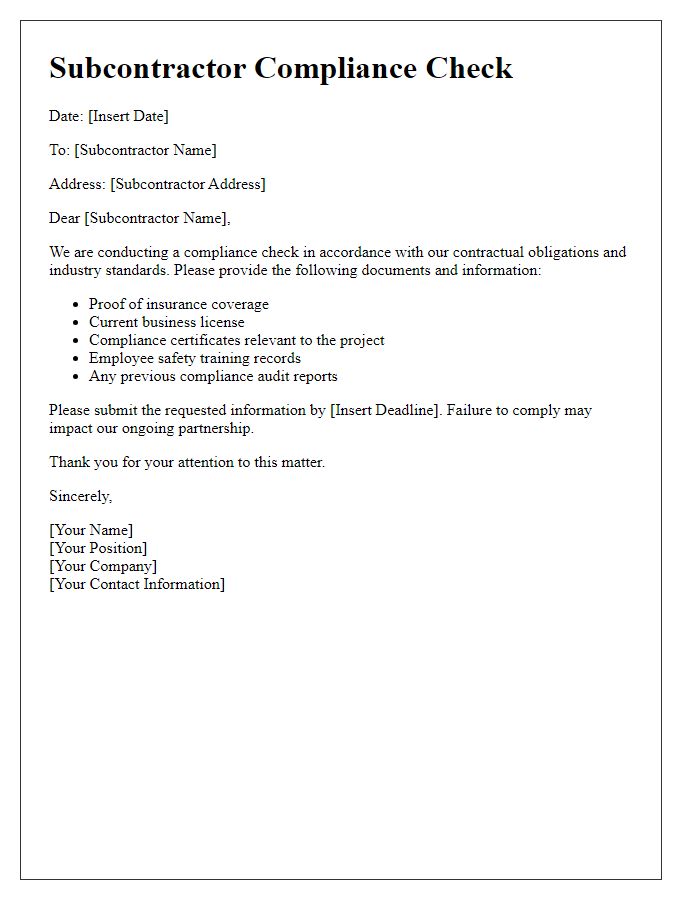 Letter template of subcontractor compliance check