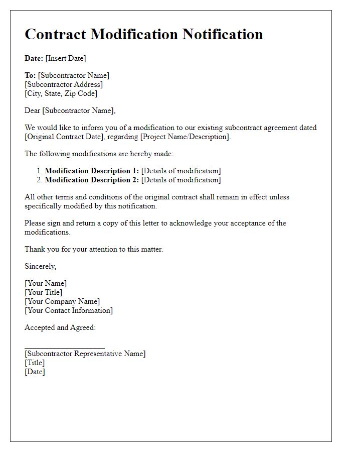 Letter template of subcontractor contract modification notification