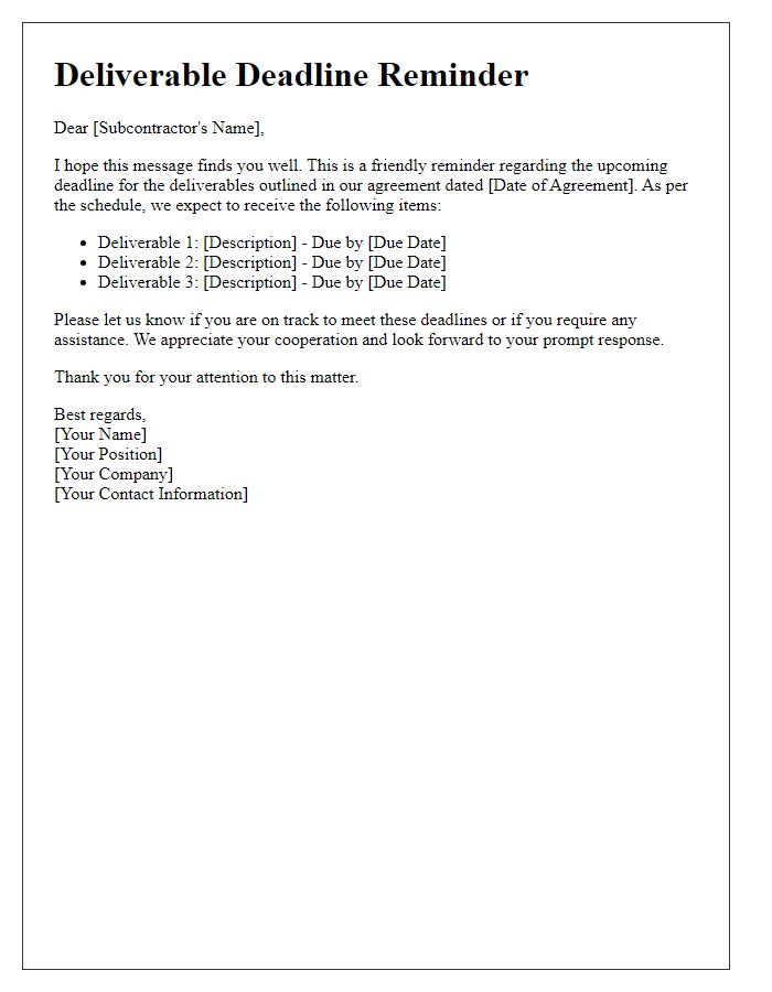 Letter template of subcontractor deliverable deadline reminder