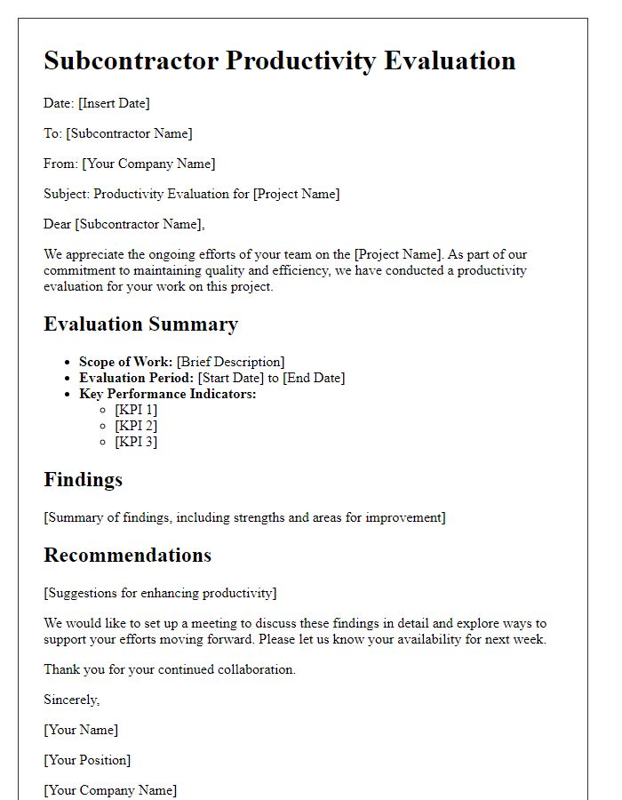 Letter template of subcontractor productivity evaluation