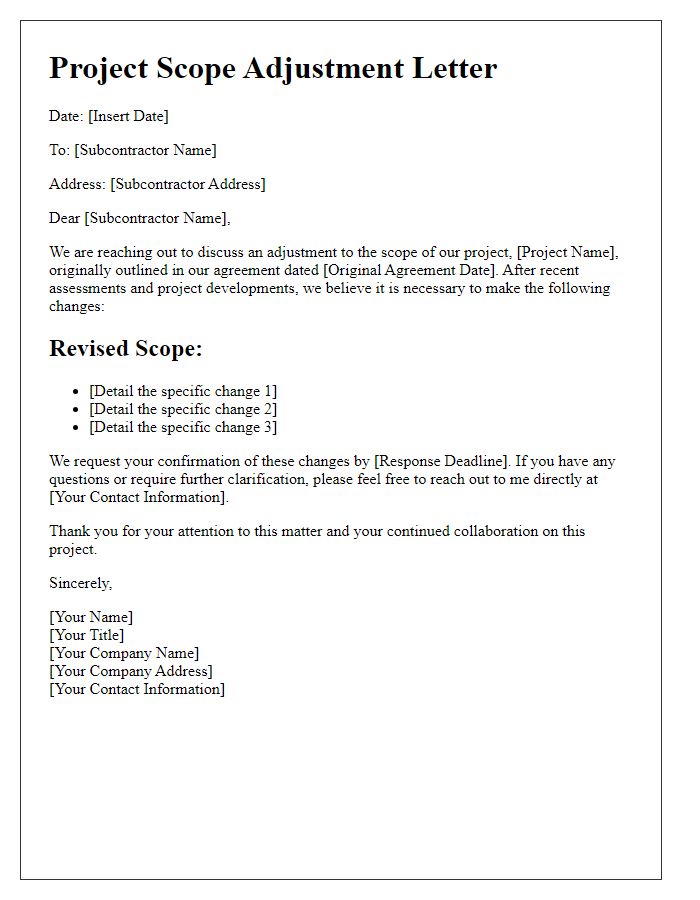 Letter template of subcontractor project scope adjustment