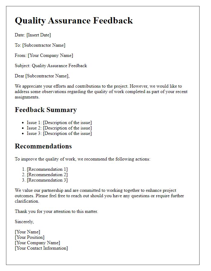 Letter template of subcontractor quality assurance feedback